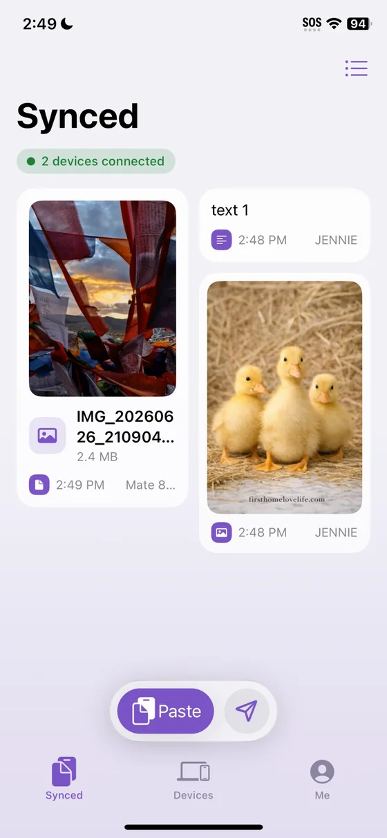 ClipLink on iPhone showing the same items, with a Paste button