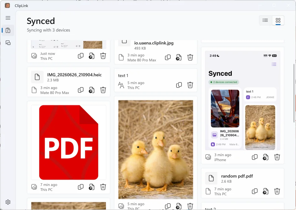 ClipLink on Windows: the Synced window with text, images and a PDF that arrived from other devices